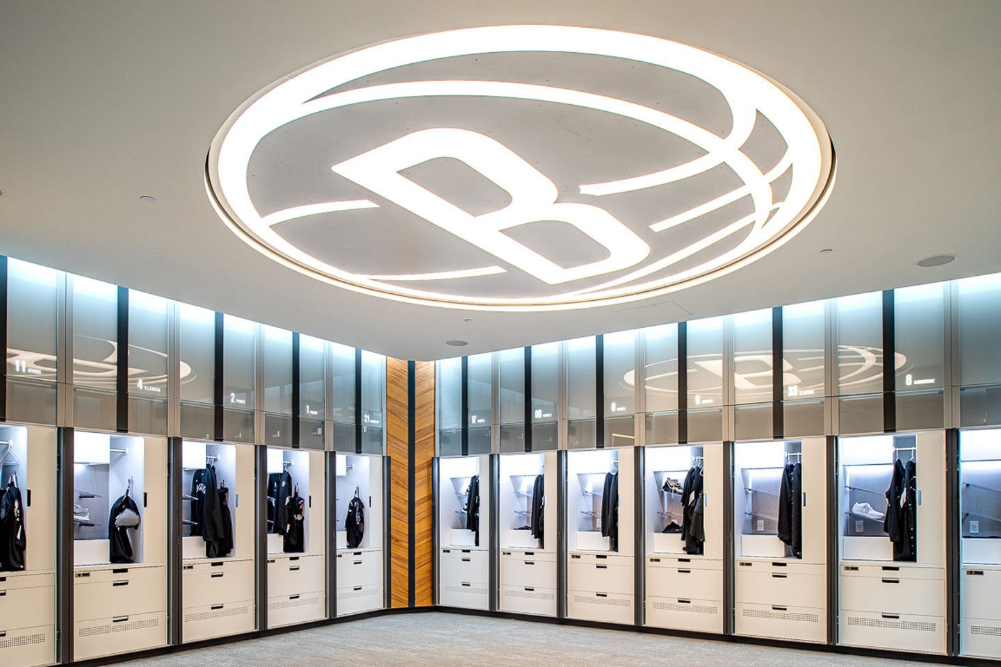 Brooklyn Nets locker room angle view with open doors