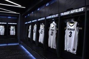 Colorado Buffaloes Basketball lockers game day outfitted locker row highlighting jersey display accent lighting