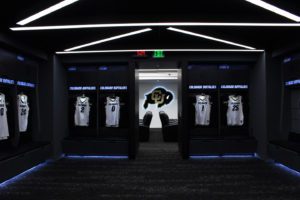 Colorado Buffaloes Basketball lockers threshold to player lounge with darker, gameday mood lighting